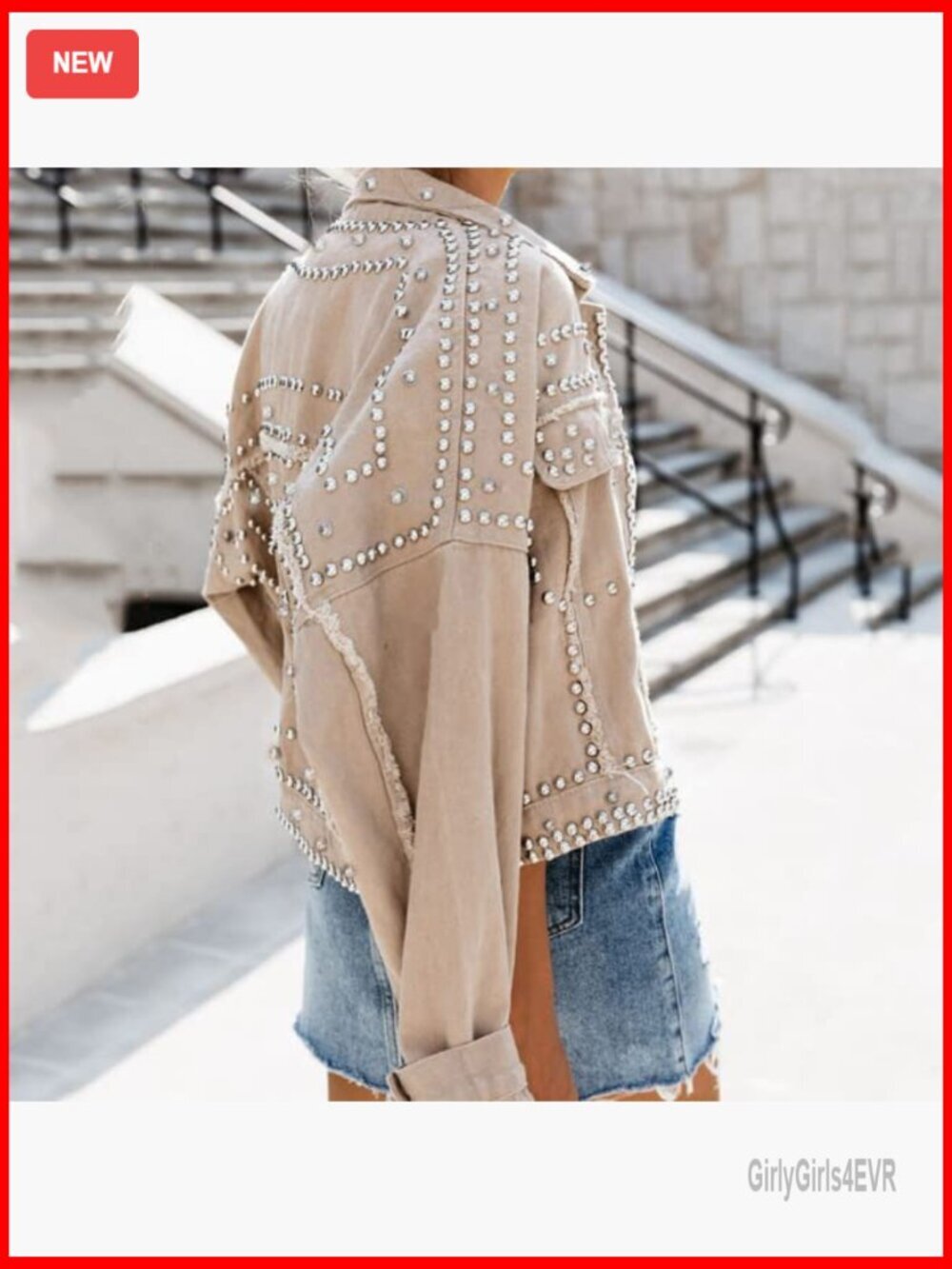 Long Sleeve Studded Denim Jacket Loose Fit Western Style - Picture 4 of 7